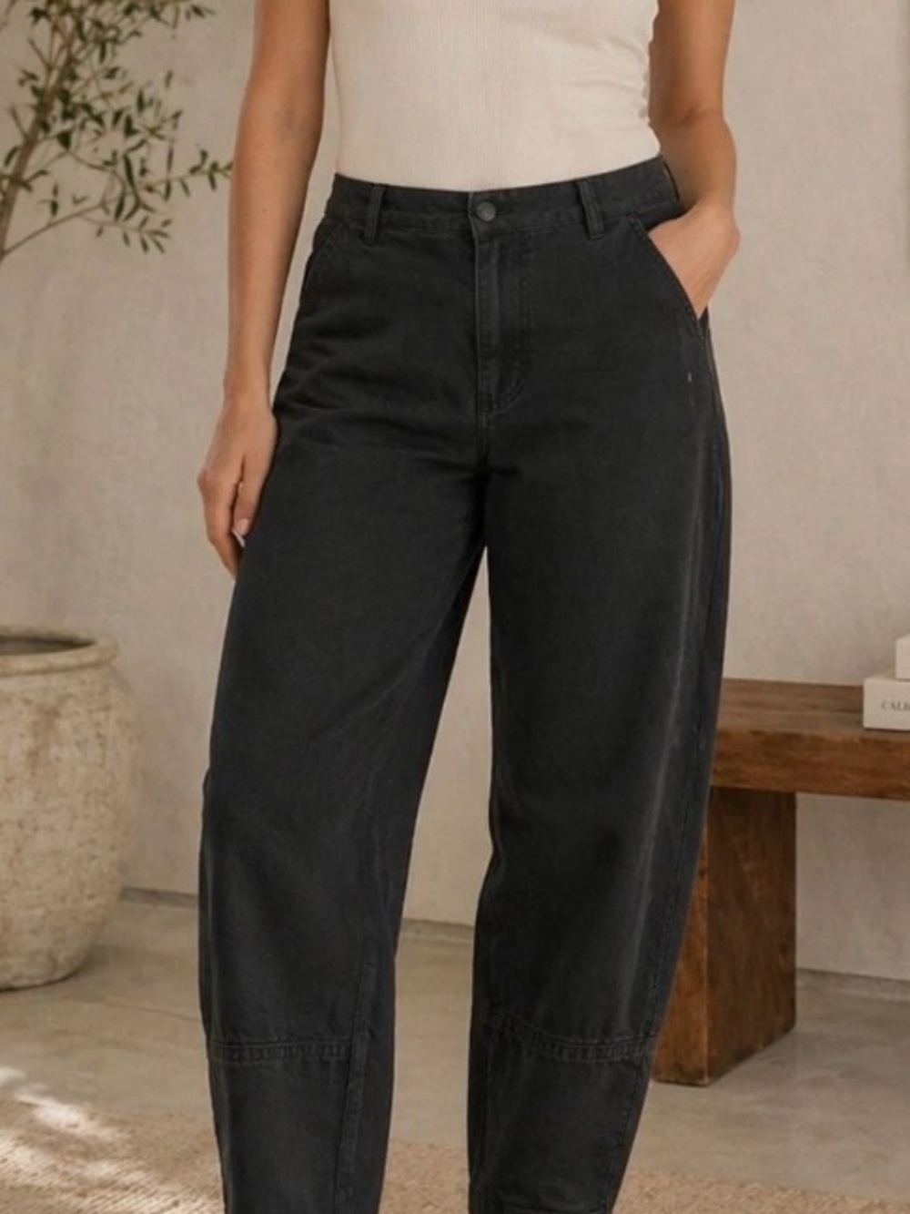 Quince stretch cotton twill barrel pant black